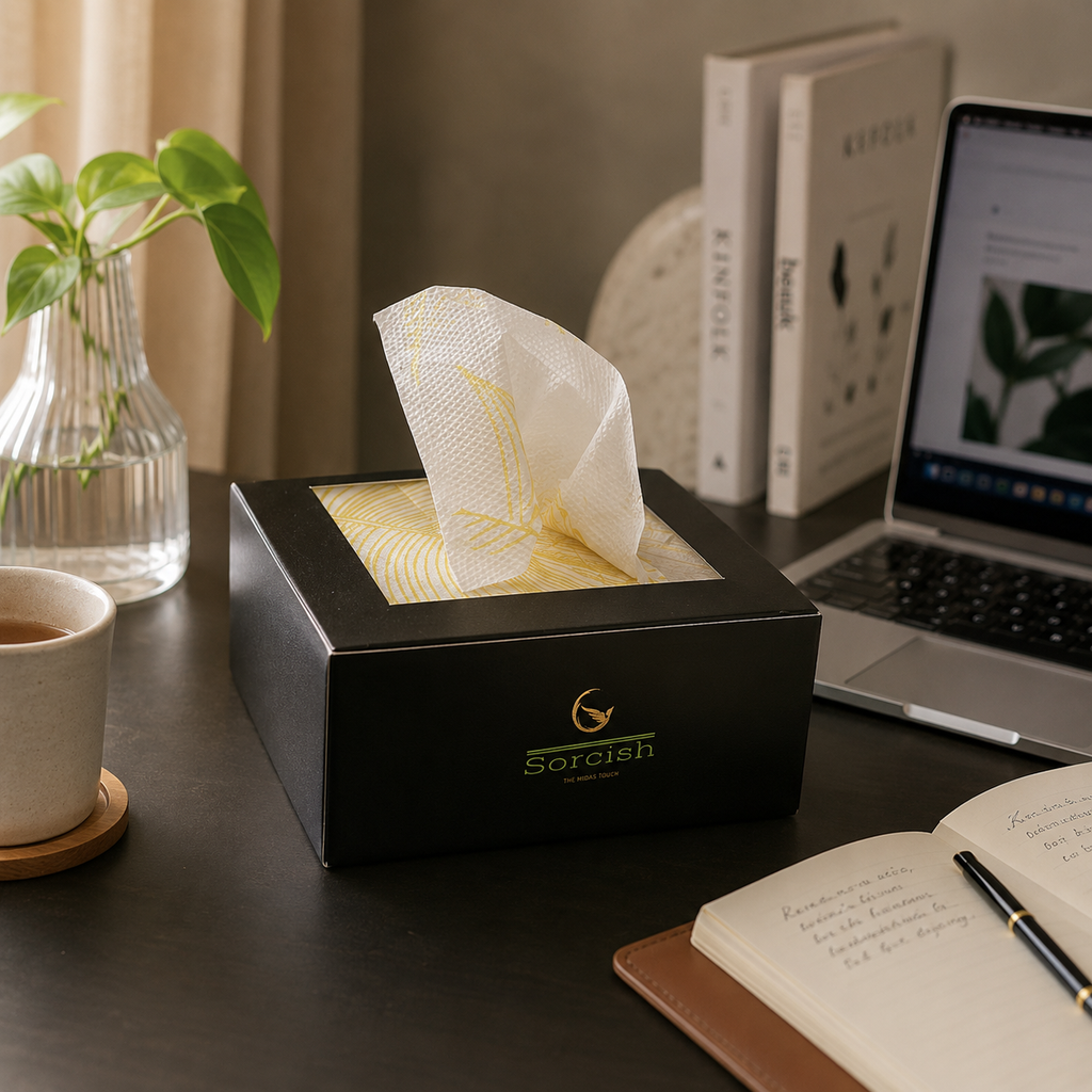 A black rectangular tissue box with a white tissue pulled from the top, branded 'Soroish' in green and gold, sits on a dark wooden desk in a styled home office setting with a laptop, notebook, and plant.
