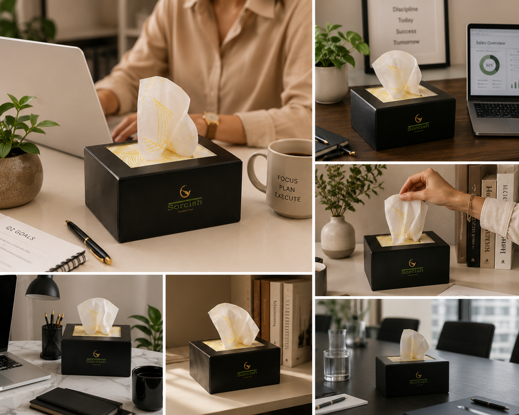 A collage of six lifestyle photos showing a black rectangular tissue box with a white tissue pulled from the top, placed on desks in office settings. The box has a small gold logo and text on the front.