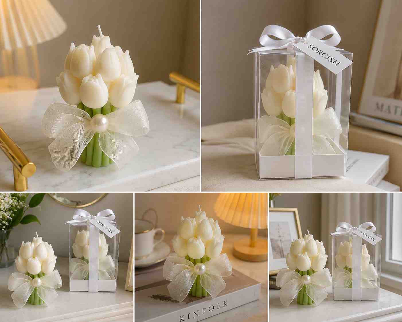A collage showing a white tulip-shaped candle in a clear gift box tied with a white ribbon, displayed in several home settings on a tabletop with a lamp, books, and soft indoor decor.