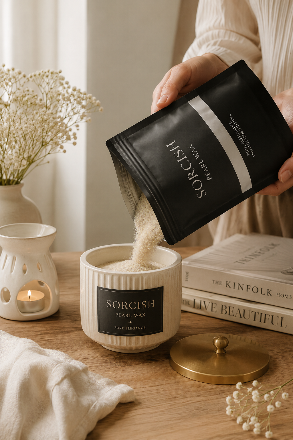 A person pours pearl wax from a black resealable pouch labeled 'SORCISH' into a cream-colored ribbed candle jar. The scene is styled on a wooden table with a white ceramic candle holder, books, a gold lid, and dried flowers in a soft indoor setting.
