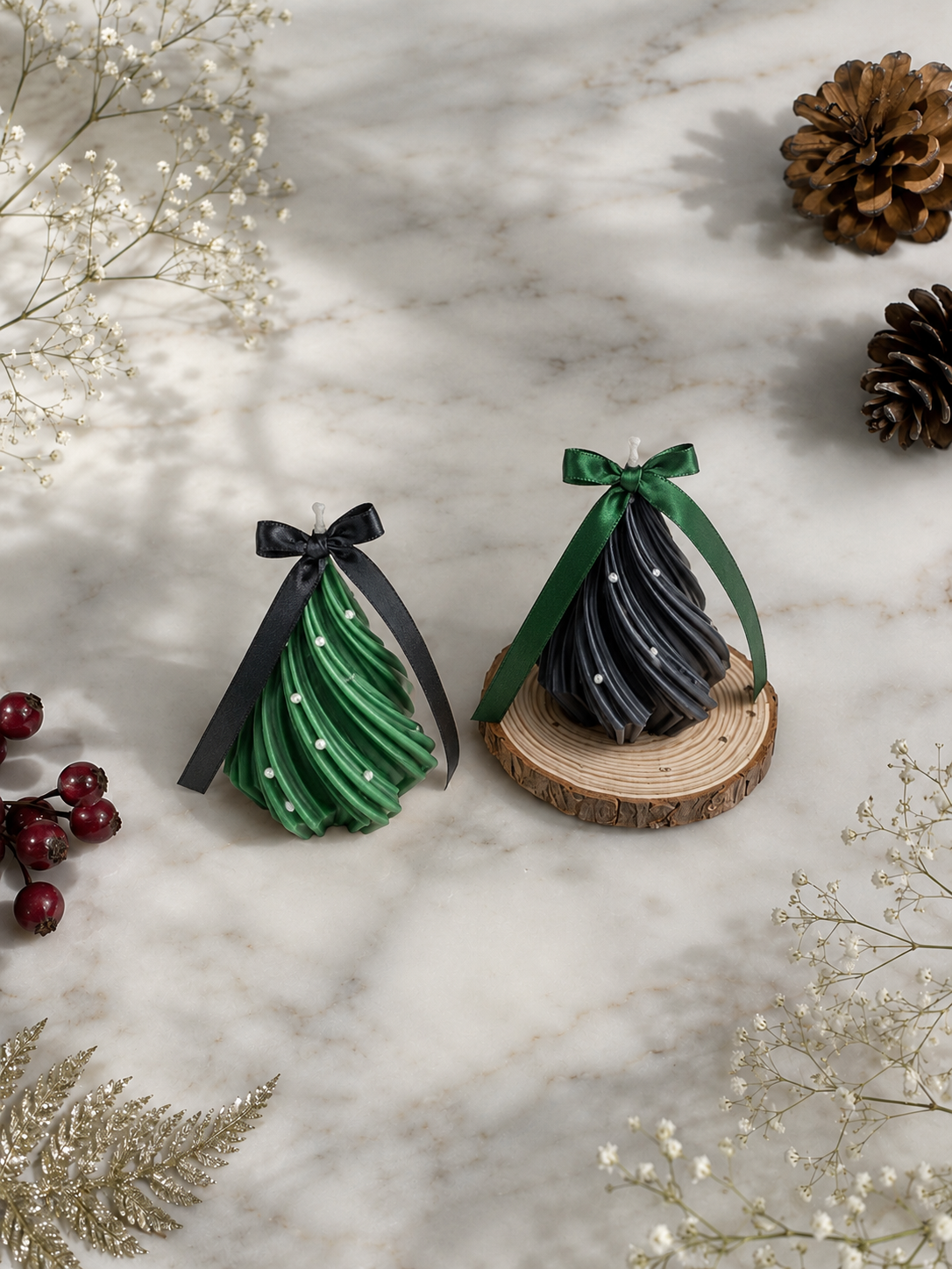 Decorative Christmas Tree Scented Candles Set, 11cm x 8cm, Pearl and Snow Effect, Large Holiday Candles for Home, Party, Table Decor, 2 Pieces