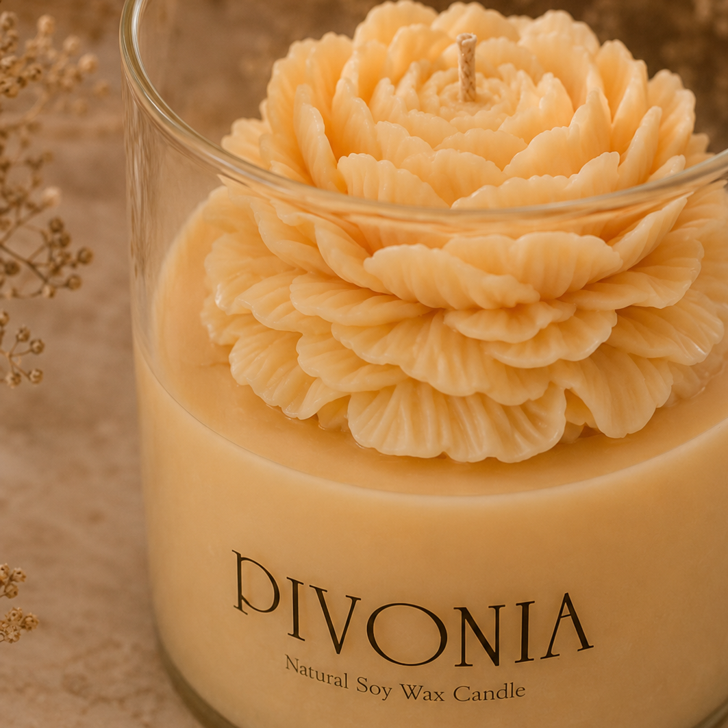 A close-up of a DIVONIA natural soy wax candle in a clear glass jar, featuring a sculpted cream-colored flower on top of the wax, with dried floral elements in the background.
