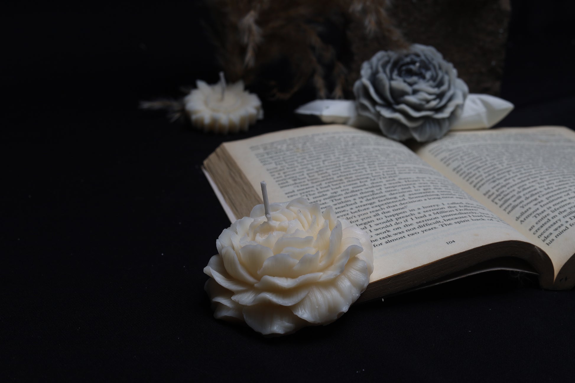 A set of white rose flower candles placed on an open book, with a dark background.