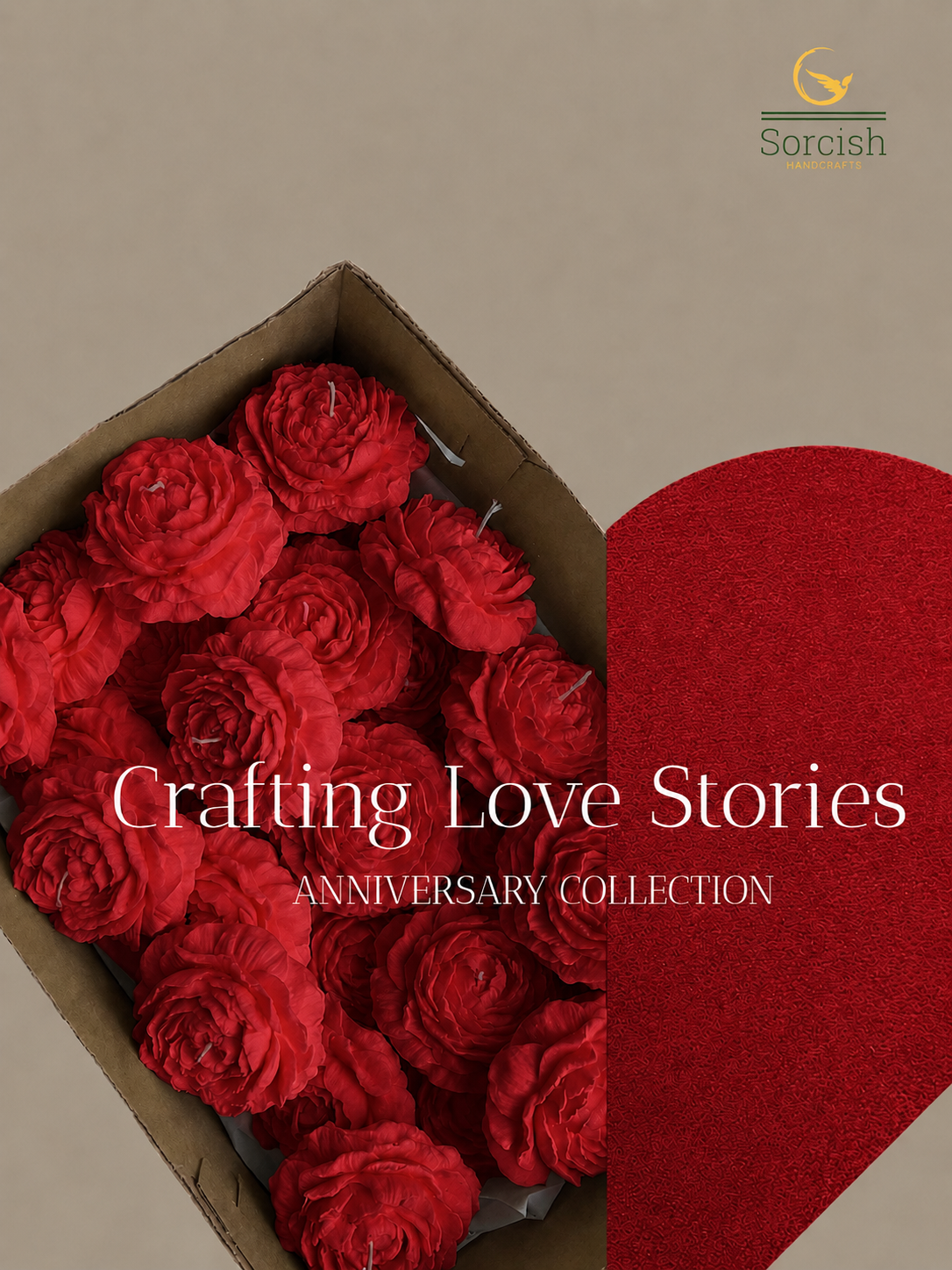 Box of red roses with a heart-shaped object and 'Sorcish' branding on a beige background.