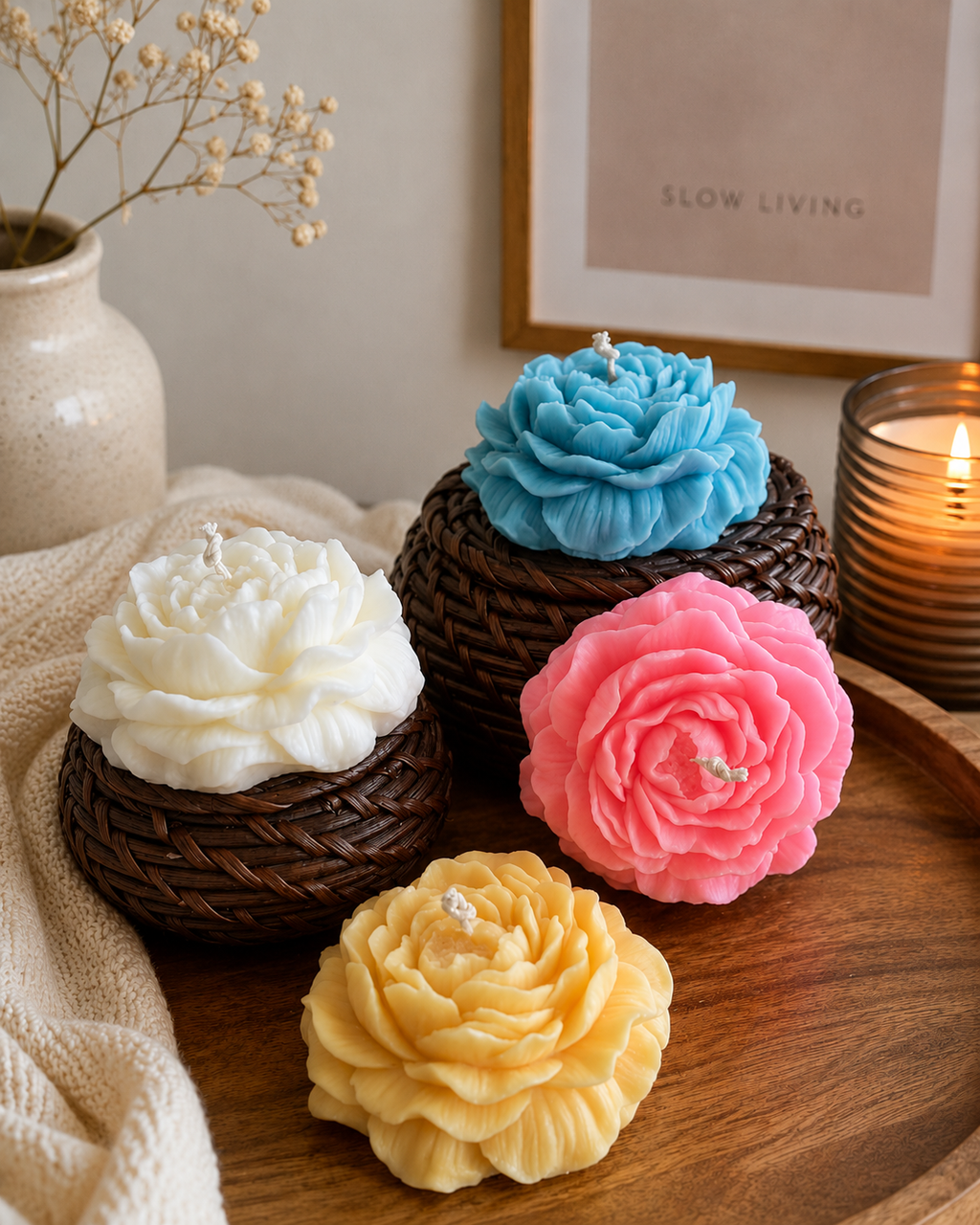 Four flower-shaped candles in white, blue, pink, and yellow, each nestled in a dark woven basket base on a wooden tray, with a cream vase, dried flowers, and a lit candle in the background.