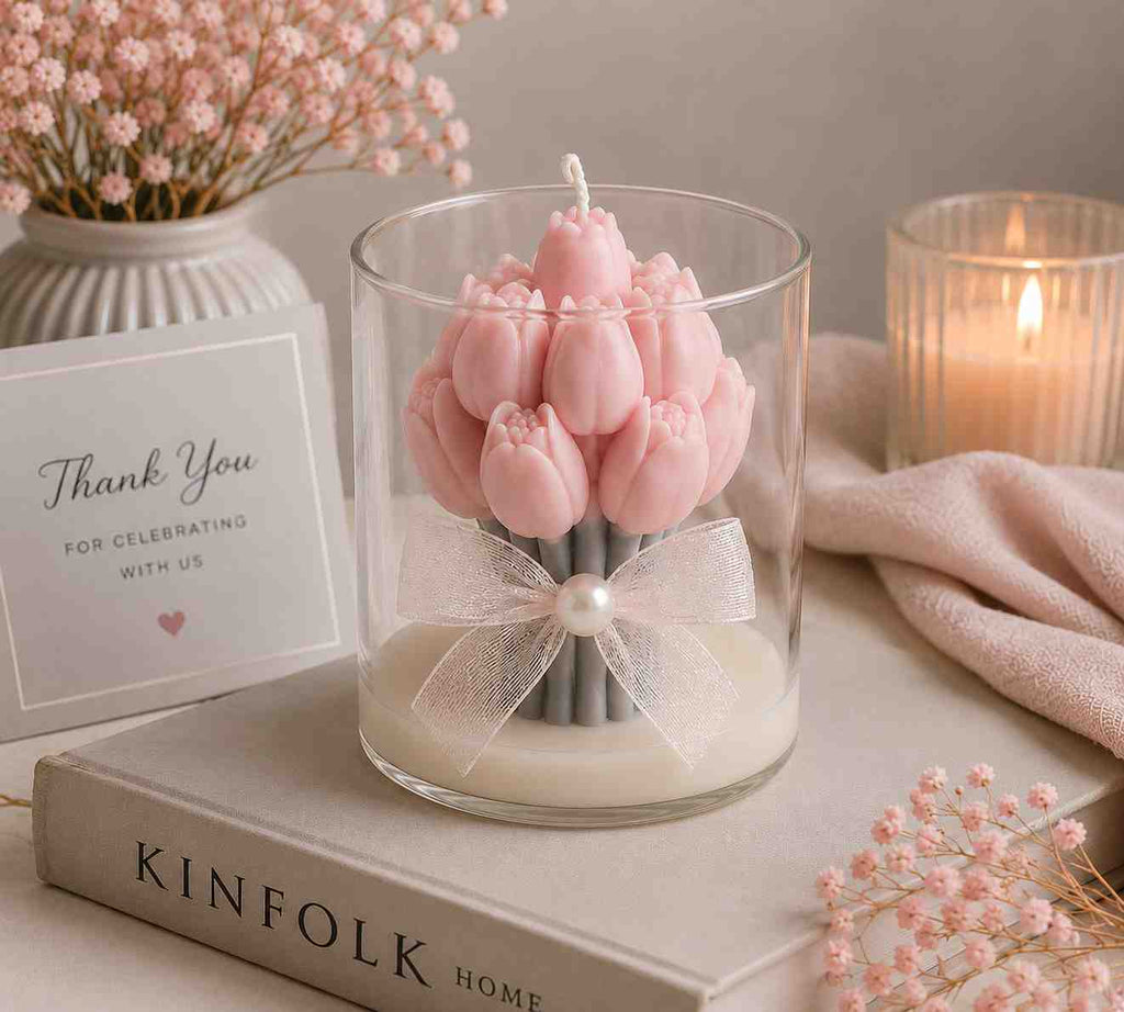 A pink tulip cluster candle in a clear glass jar with a white ribbon and pearl bow, styled on a tabletop with a book, dried flowers, a lit candle, and a thank-you card.