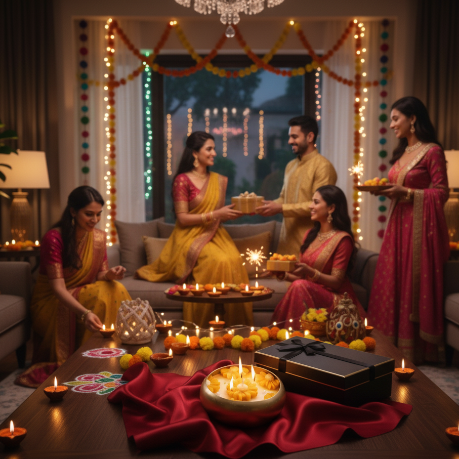 People celebrating Diwali in a decorated living room with candles and gifts.