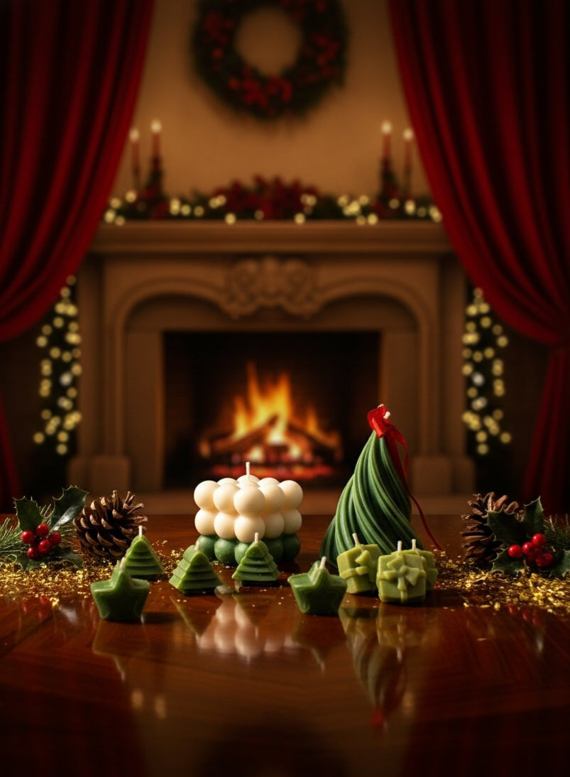 Decorative candles in front of a fireplace with Christmas decorations