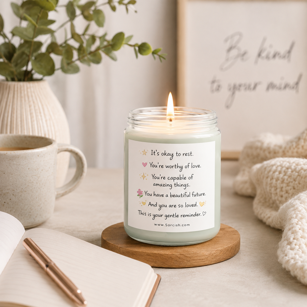 Candle with motivational message on a wooden coaster with a mug and plant in the background