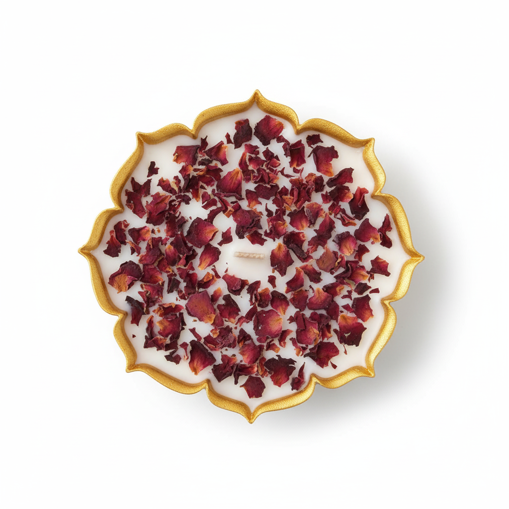 Decorative plate with gold rim and red rose petals on a white background