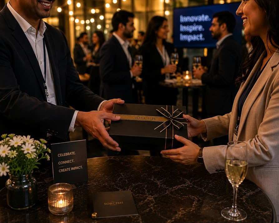 Two people exchanging a gift at a formal event with blurred background