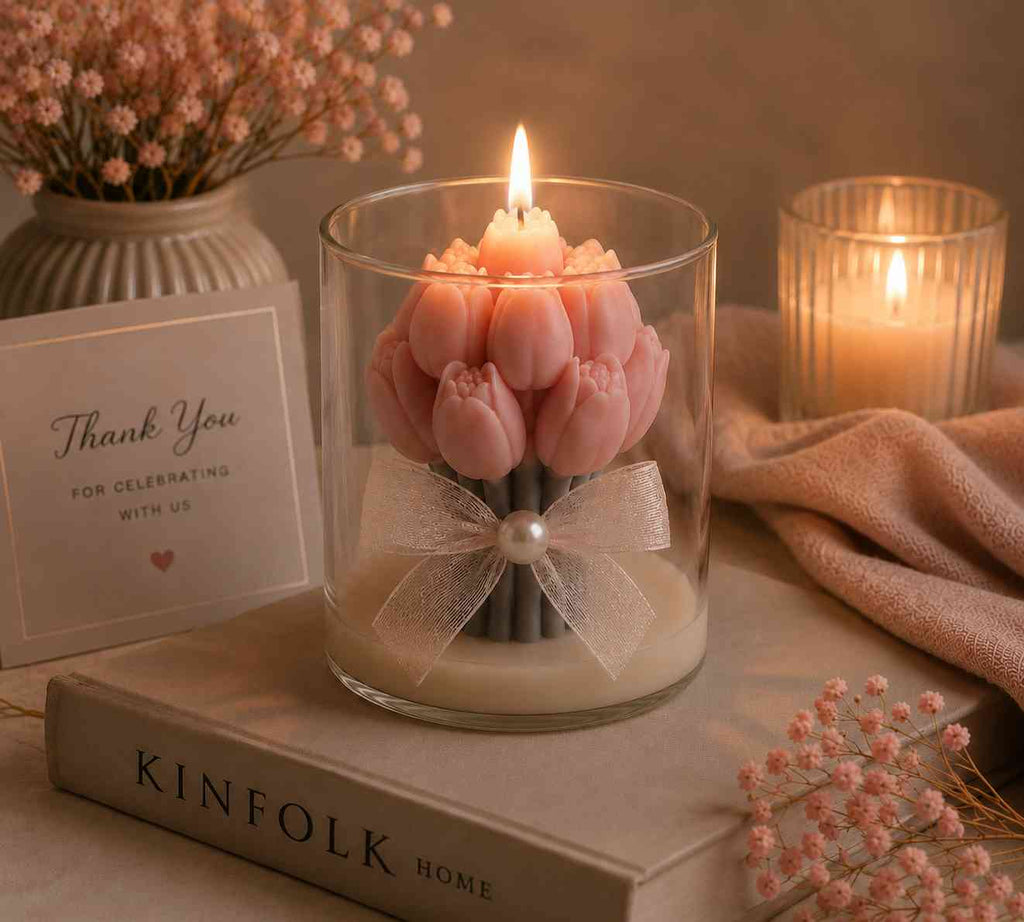 A lit candle in a clear glass jar featuring pink tulip-shaped wax blooms and a sheer white ribbon with a pearl bow, styled on a tabletop with a book, dried flowers, and another candle in the background.