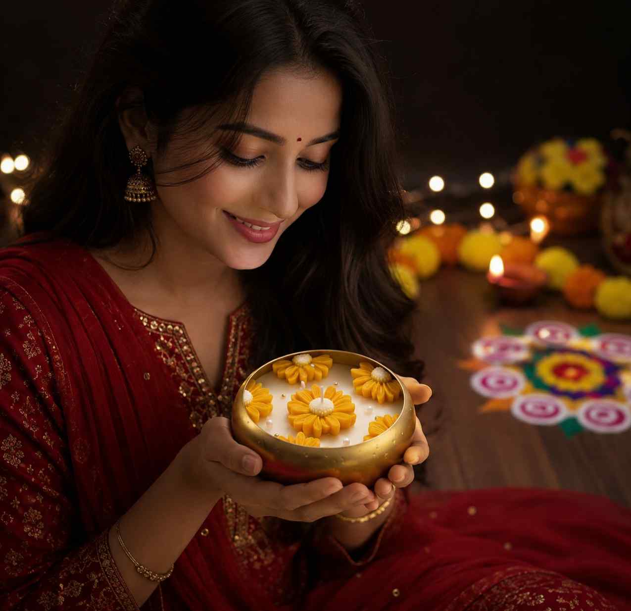 Woman holding a decorated oil lamp with Diwali decorations in the background