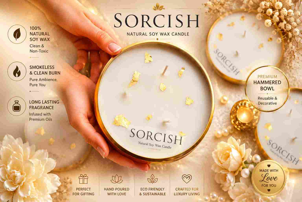 Sorcish natural soy wax candle with decorative elements on a beige background