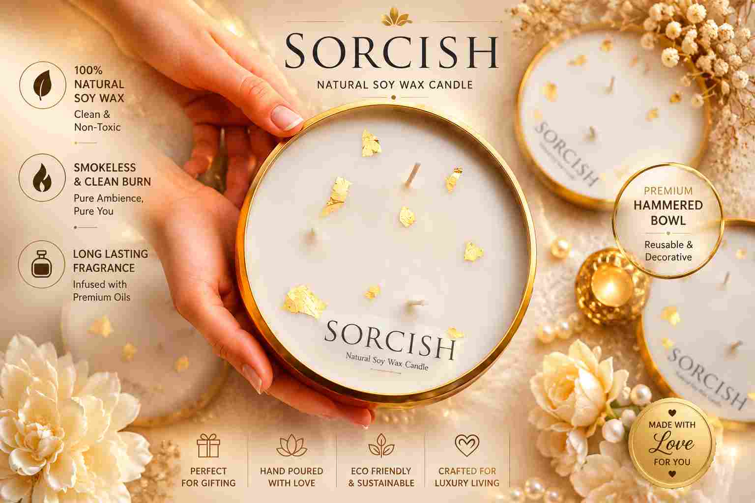 Sorcish natural soy wax candle with decorative elements on a beige background