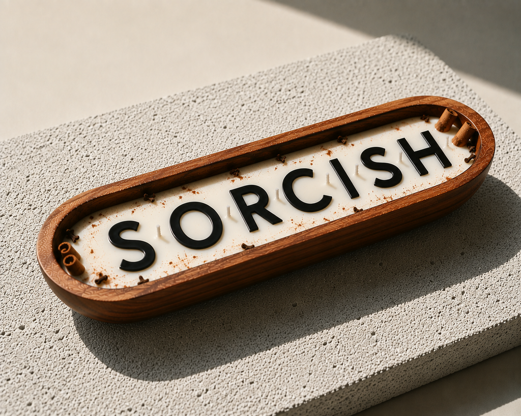 A wooden oval sign with the word "SORCISH" in bold black letters on a cream background, placed on a textured light stone surface.