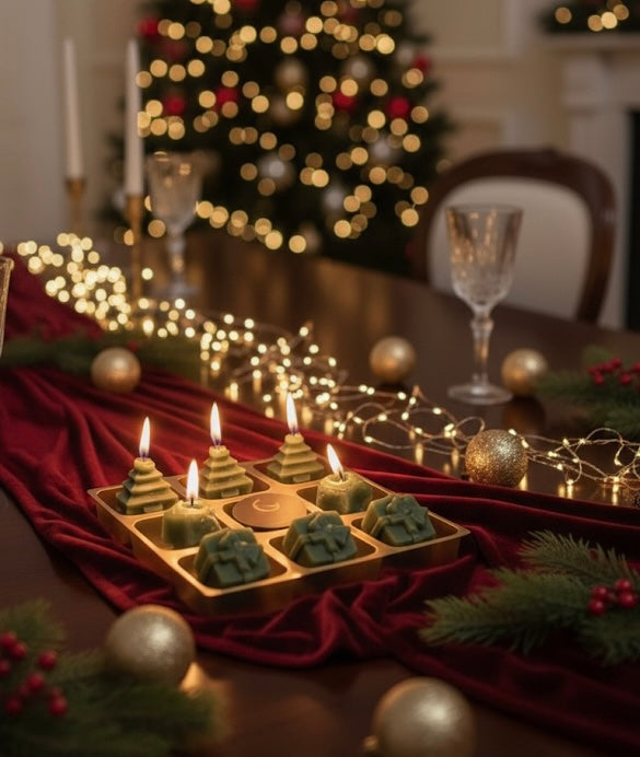 Decorative candles in a gold holder on a table with a Christmas tree in the background