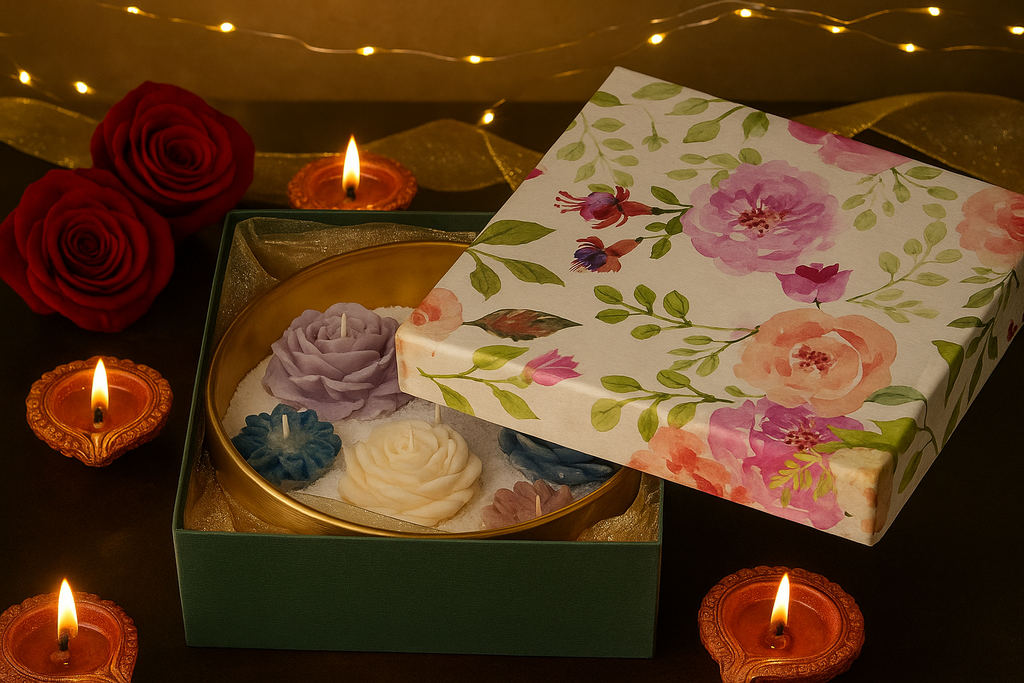 Decorative box with floral design, flowers, and candles on a dark background
