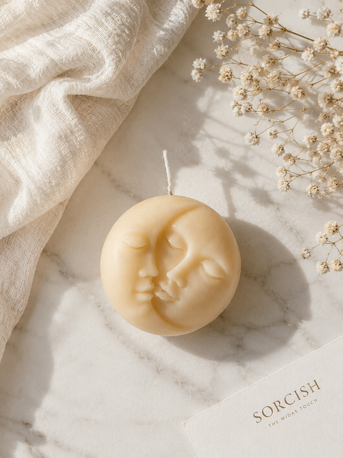 Scented candle with a sun and moon face design
