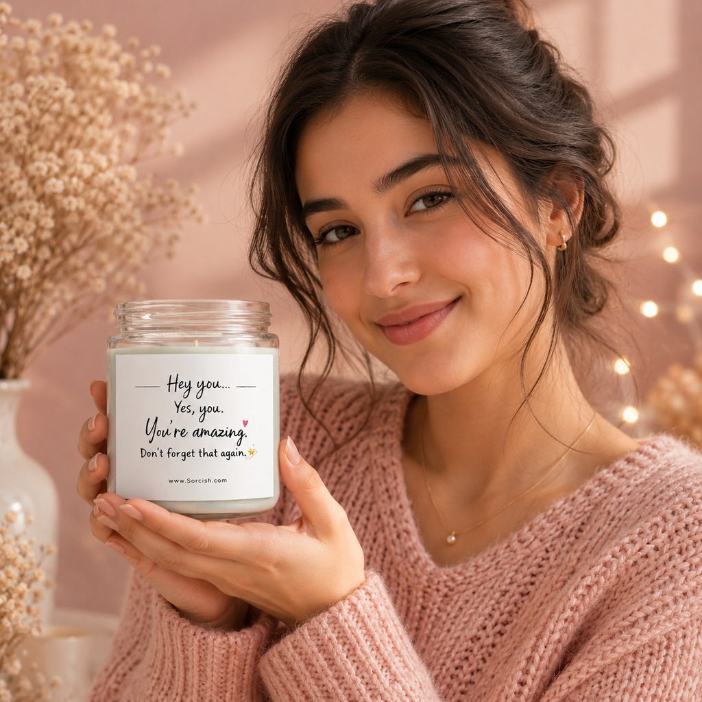 Motivational Message Candle – “Hey You, You're Amazing” Scented Jar Candle | Self Love Gift, Positive Affirmation Candle