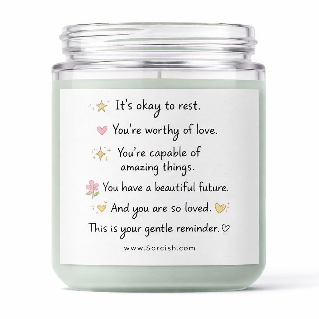 Candle jar with a motivational message label on a white background