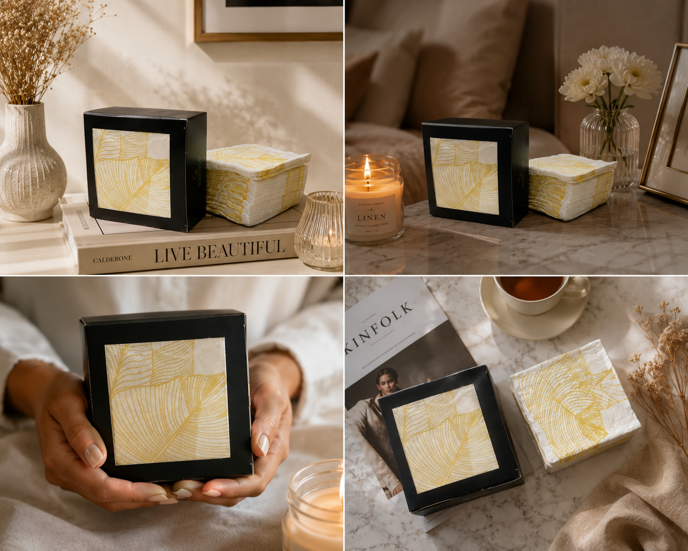 A four-panel collage showing a black square candle tin and a matching square box with a pale yellow abstract leaf pattern, styled in warm home settings with books, dried flowers, a lit candle, and a cup of tea. A person's hands are visible holding one tin in one panel.