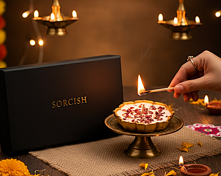 Person lighting a small cake with rose petals on a table with 'Sorcish' packaging.