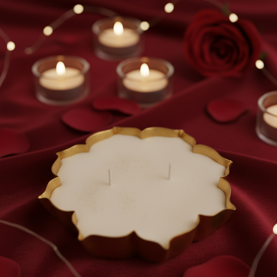 Decorative tart with gold leaf on a red fabric background with candles and rose petals.