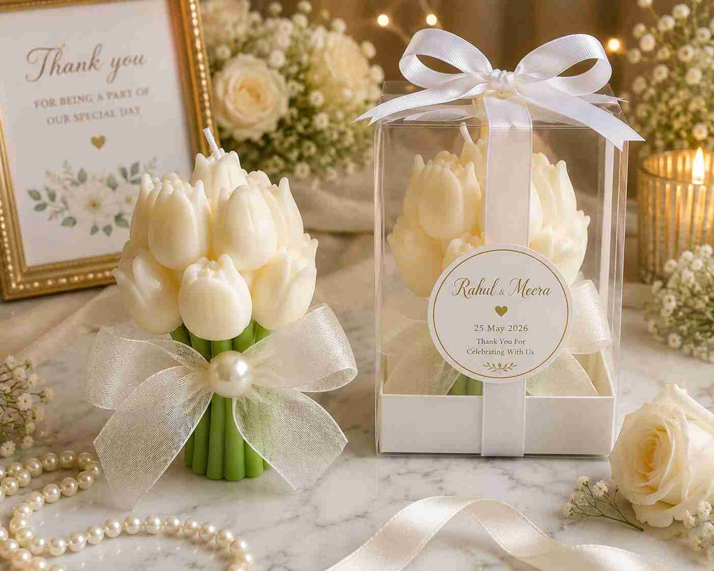 A bouquet-shaped white candle with green stems and a white ribbon bow sits beside a clear gift box containing a matching candle, both styled on a marble surface with roses, pearls, and a framed thank-you card in the background.