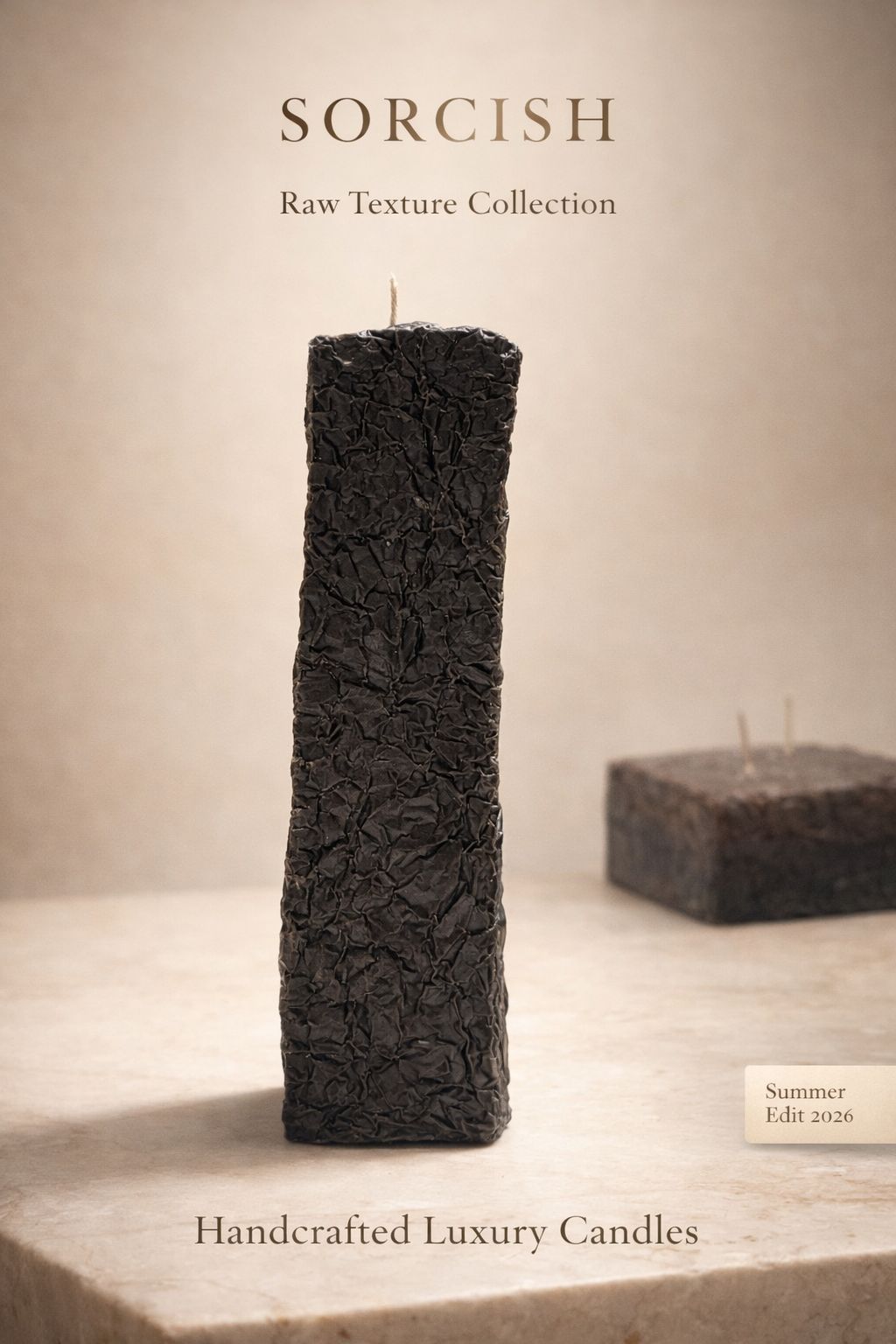 Handcrafted luxury candle from the SORCISH Raw Texture Collection on a neutral background.