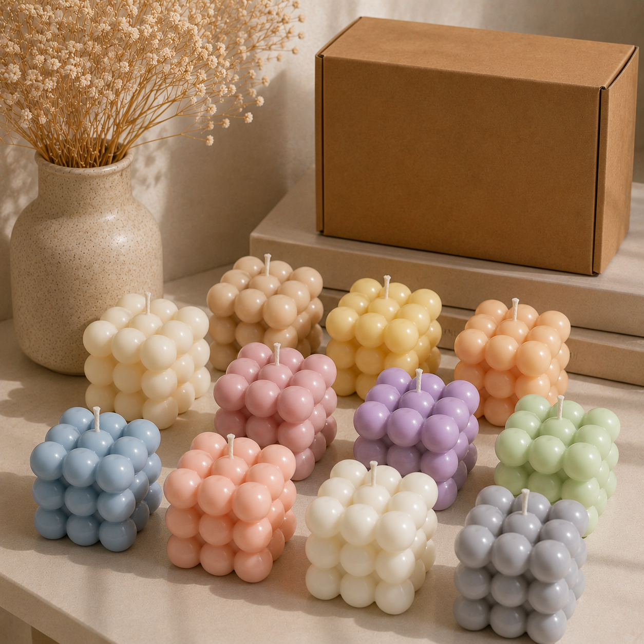 A set of cluster-style cube candles in pastel colors arranged on a tabletop, with a brown cardboard box and a vase of dried flowers in the background.