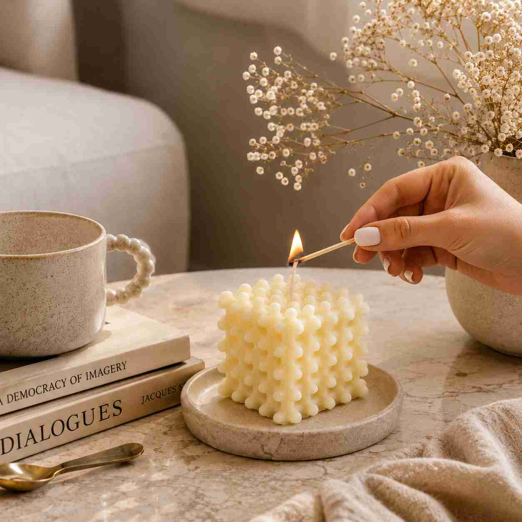 Hand lighting a textured candle with a cup, books, and dried flowers on a table.
