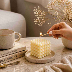 Hand lighting a textured candle with a cup, books, and dried flowers on a table.