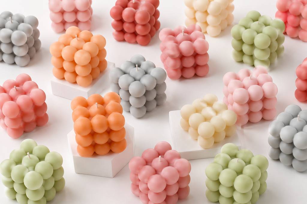 Multiple cluster-style candles arranged on a white surface, shown in pastel shades of pink, orange, green, cream, and gray. Some candles are displayed on small white pedestal bases.