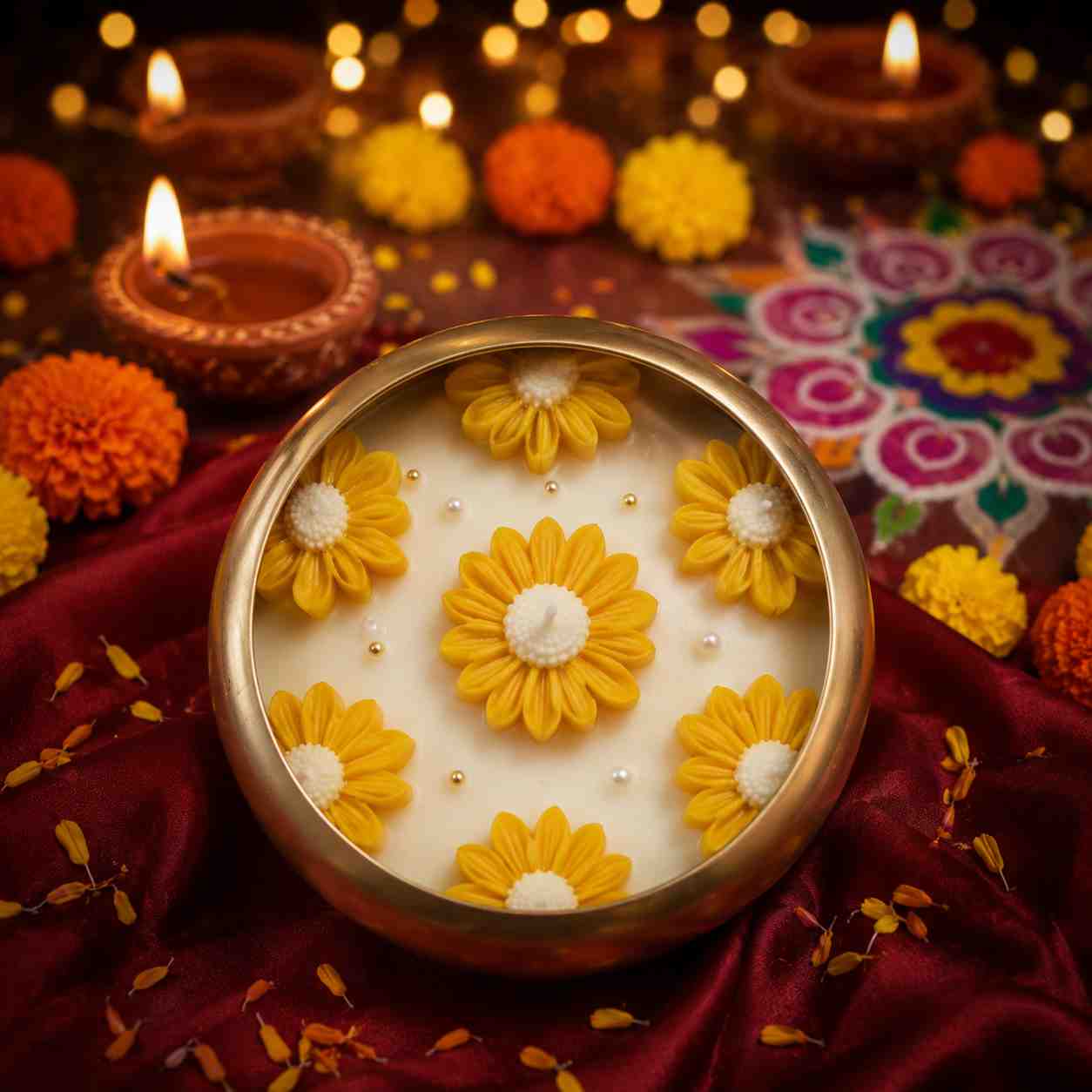 Decorative candle with yellow floral designs on a colorful Diwali-themed background