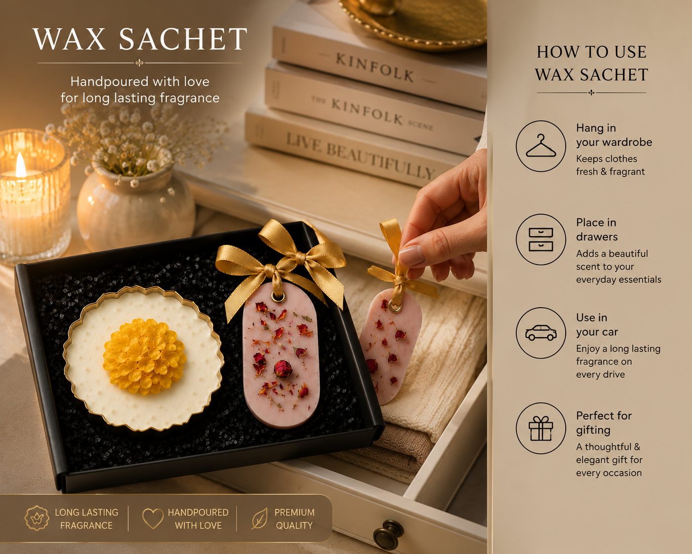 A hand holds a pink oval wax sachet with dried botanicals, next to an open black gift box containing another wax sachet, with a candle and books in the background. Text on the right explains how to use the wax sachet.