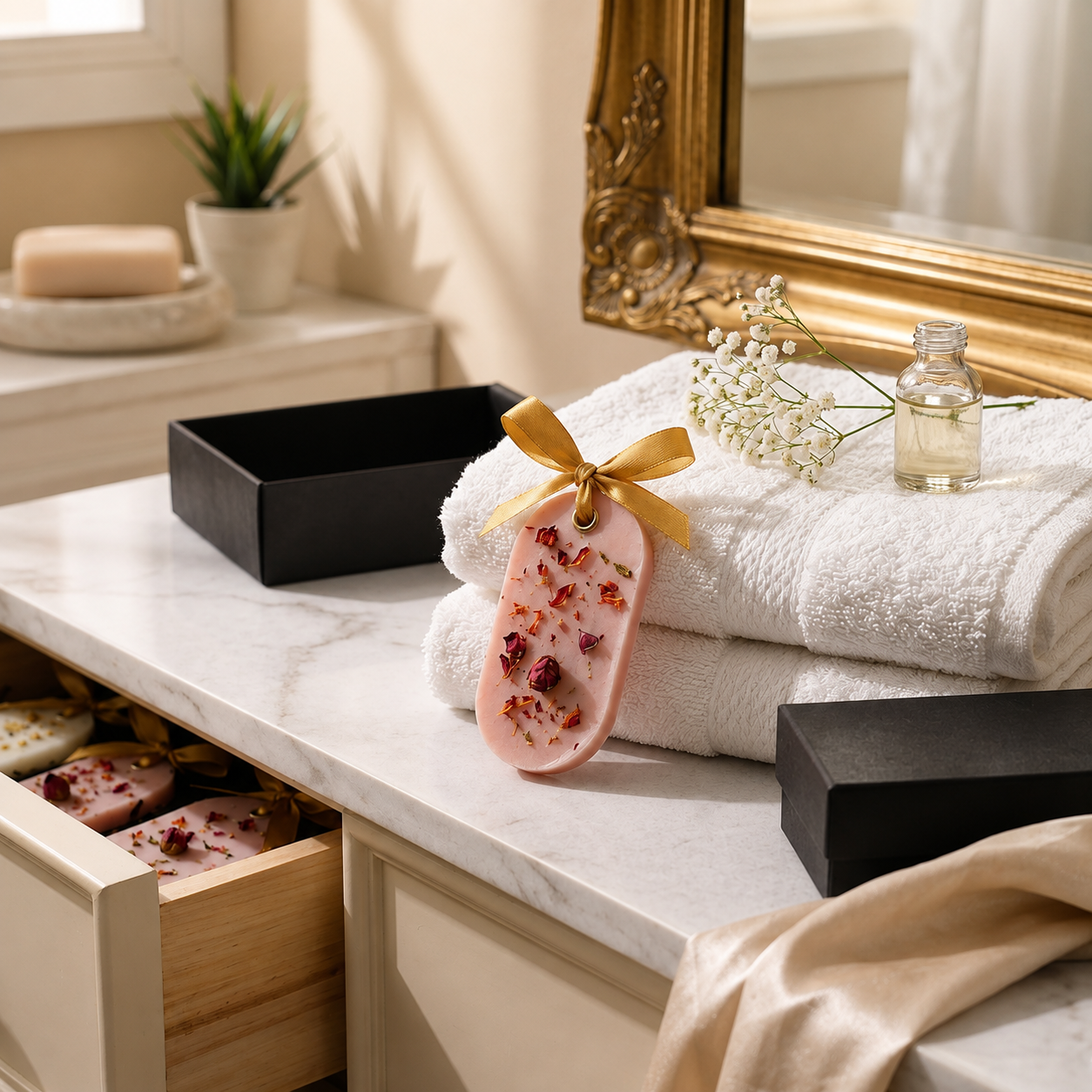 A pink soap bar with dried flower petals and a gold ribbon bow, styled on a marble bathroom counter next to white towels, a small glass bottle, and black boxes.
