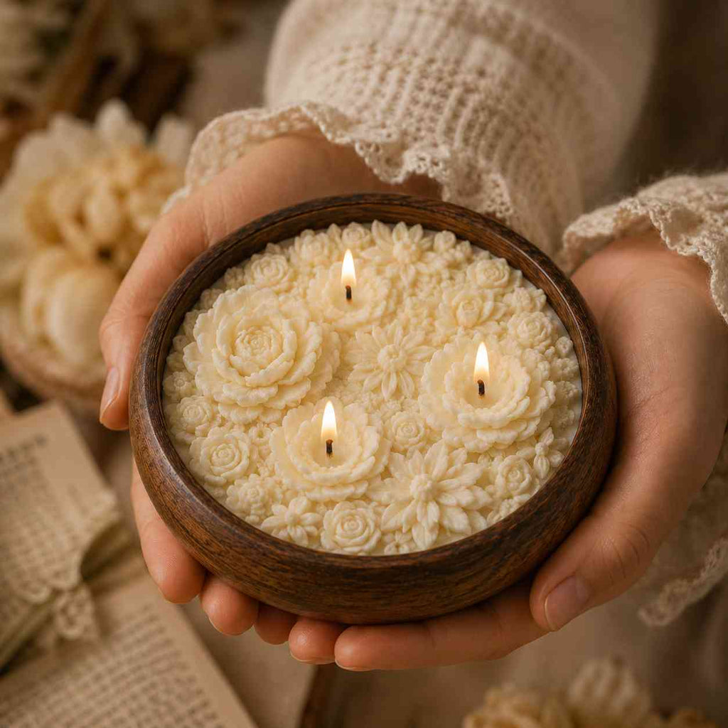 Sorcish Luxe Floral Urli Candle in Wooden Bowl | Vanilla Scented | 3-Wick Multi-Flower Candle