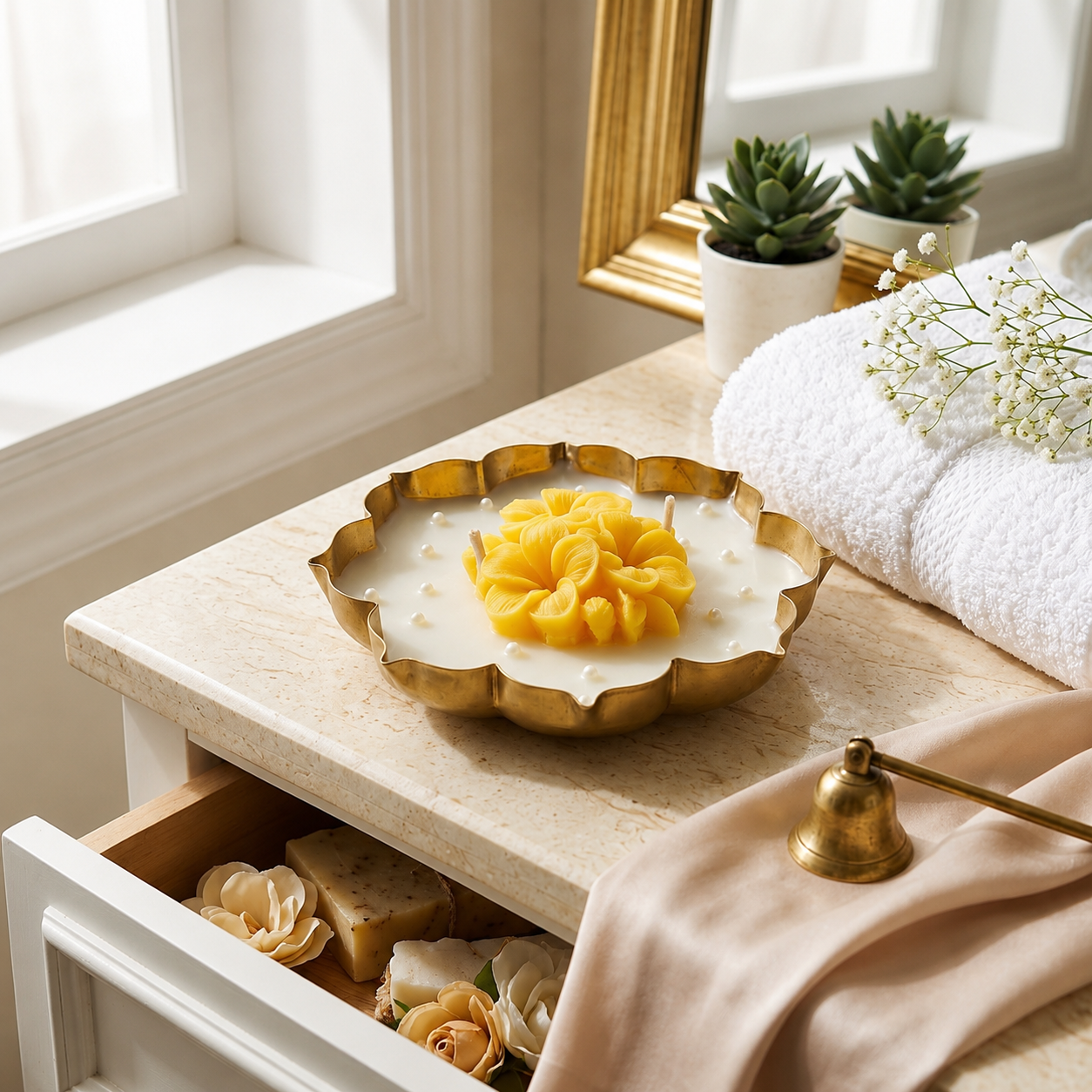 A scalloped gold ceramic dish containing white wax melts and a yellow flower-shaped wax center, styled on a bathroom vanity next to a folded white towel and small succulents.