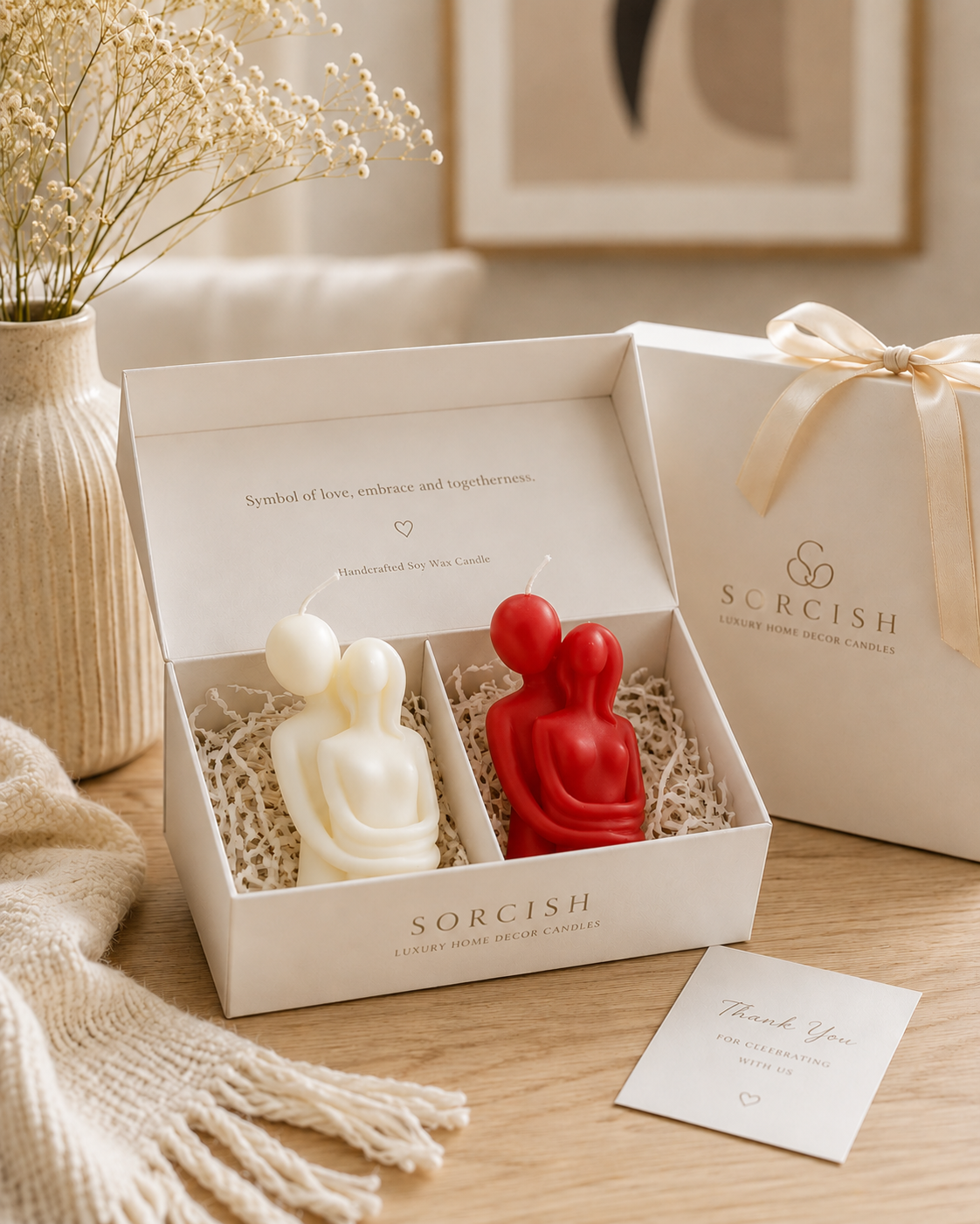 Two candles, one white and one red, in a 'Sorcish' branded box on a wooden surface.