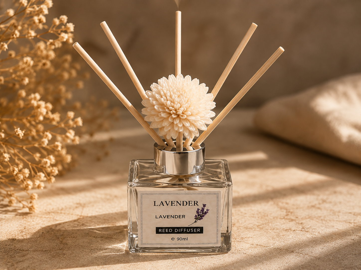 Lavender reed diffuser in a square clear glass bottle with a silver cap and natural wood reeds, featuring a cream-colored flower-shaped diffuser bulb and a white label. The bottle is styled on a beige textured surface with dried flowers and a soft neutral background.