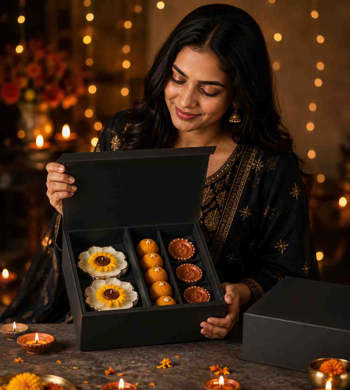 Sorcish Luxury Diwali Gift Hamper | 2 Urli Sunflower Design Scented Candles, 5 Ladoo Candles & 3 Decorative Diyas | Premium Festive Gifting for Diwali, Corporate & Home Décor