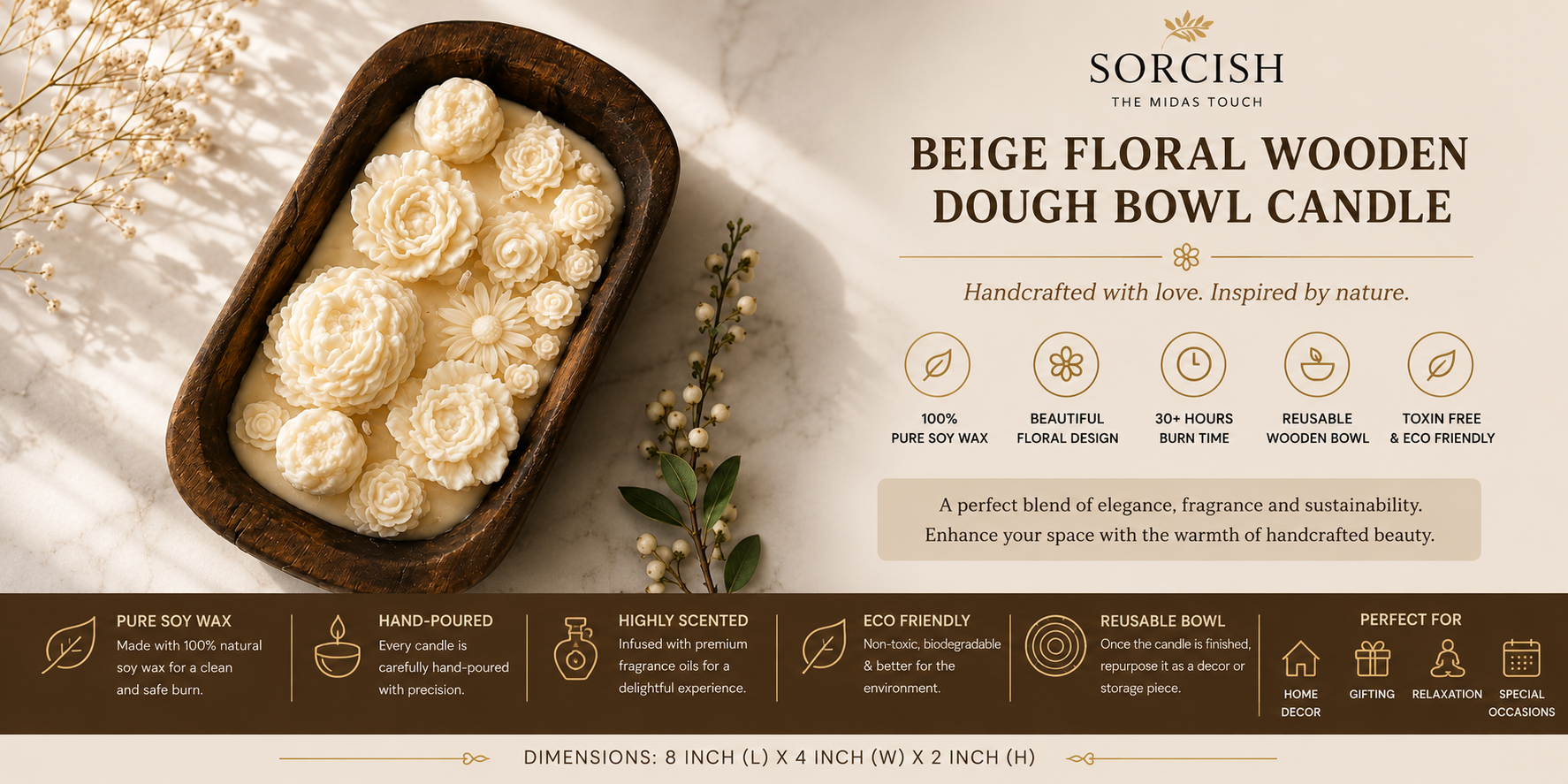 SORCISH Beige Floral Wooden Dough Bowl Candle with Multiple Wicks