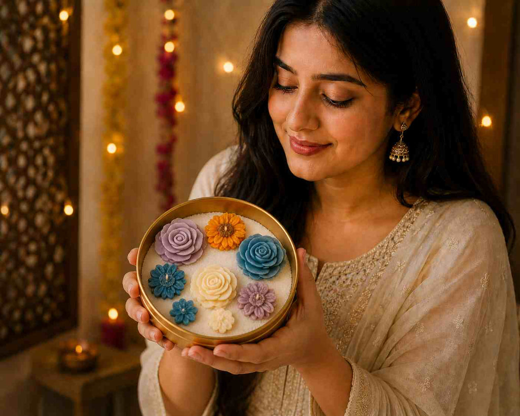 A woman in a beige embroidered top holds a round gold-toned container filled with colorful sculpted flower decorations in shades of blue, purple, orange, and cream, set against a warm, decorated background with bokeh lights.