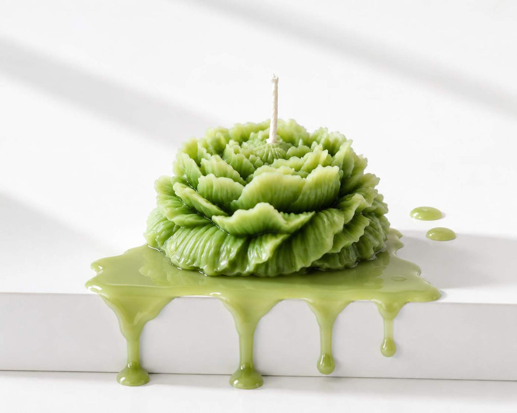 Green candle with a decorative design on a white surface