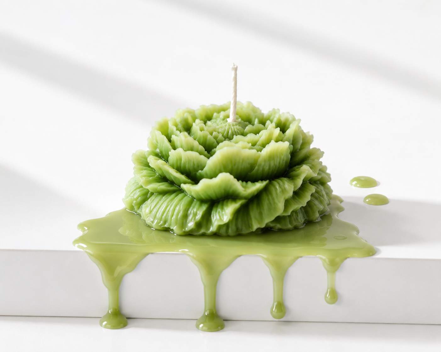 Green candle with a decorative design on a white surface