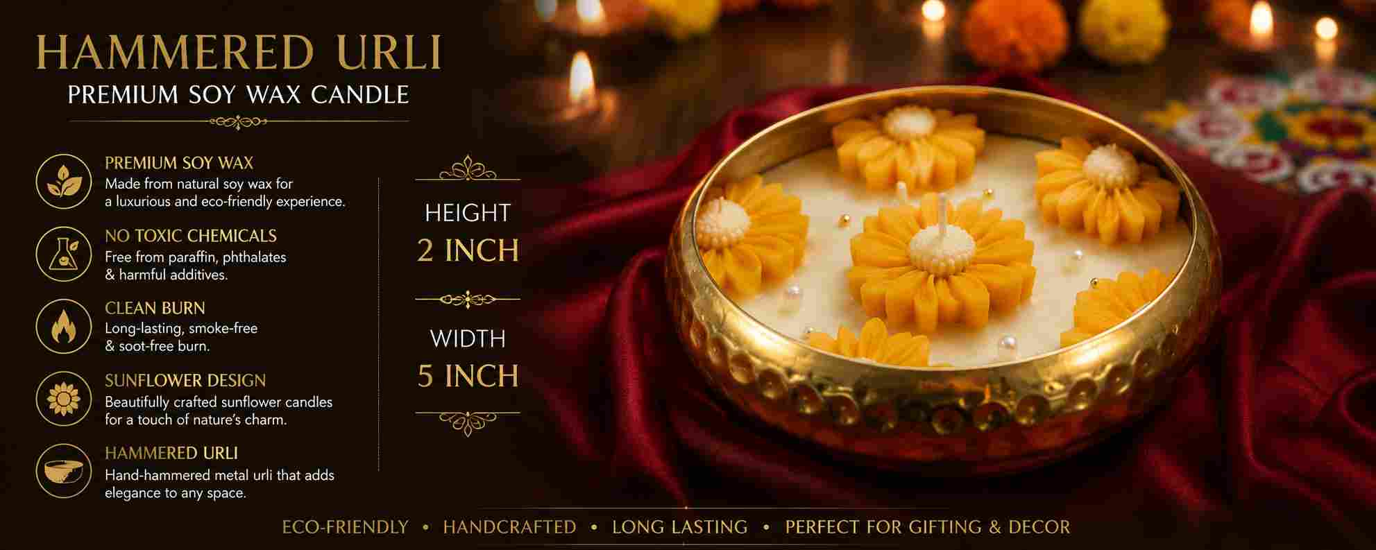 Hammered Urili soy wax candle with decorative elements on a dark background