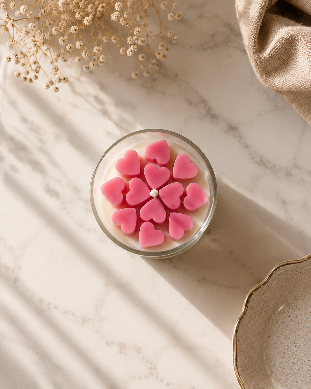 Bougie parfumée cœur Love by Sorcish Luxe, cœurs roses, mélange de cire de soja / 40 heures de combustion