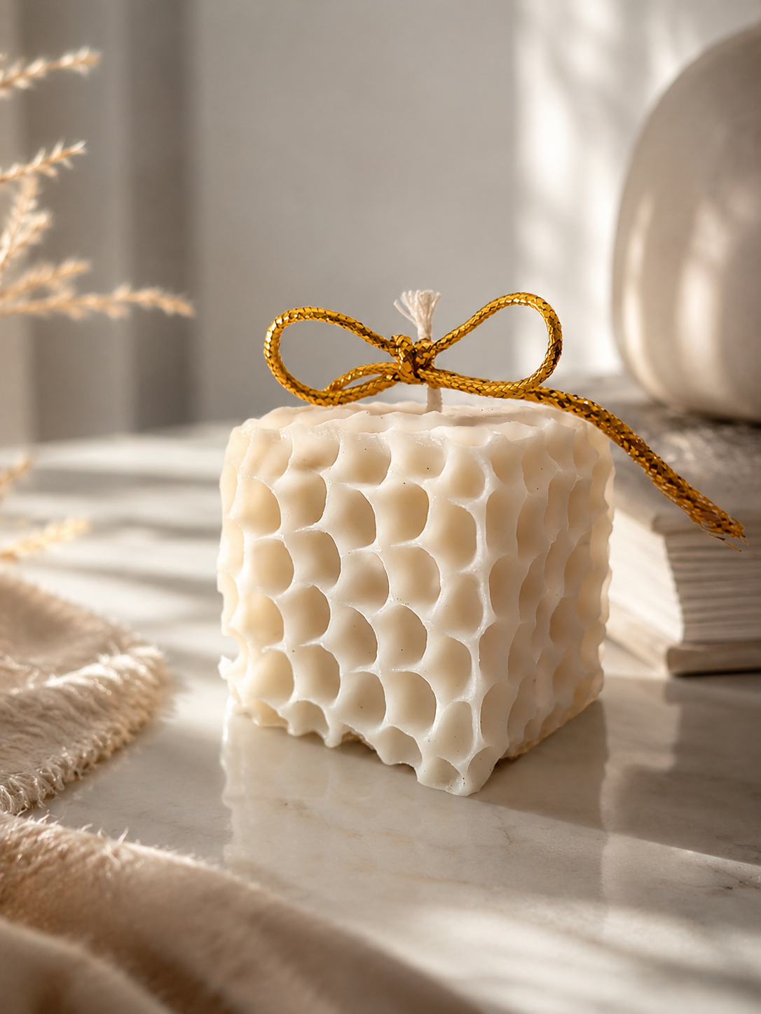 A square white candle with a honeycomb texture and a gold ribbon tied in a bow on top, styled on a marble surface with soft natural light and dried botanical props.
