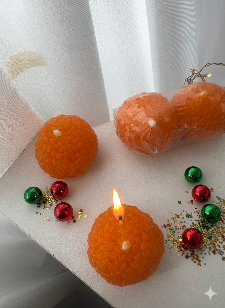 Orange candles with a lit candle and decorative balls on a white surface.